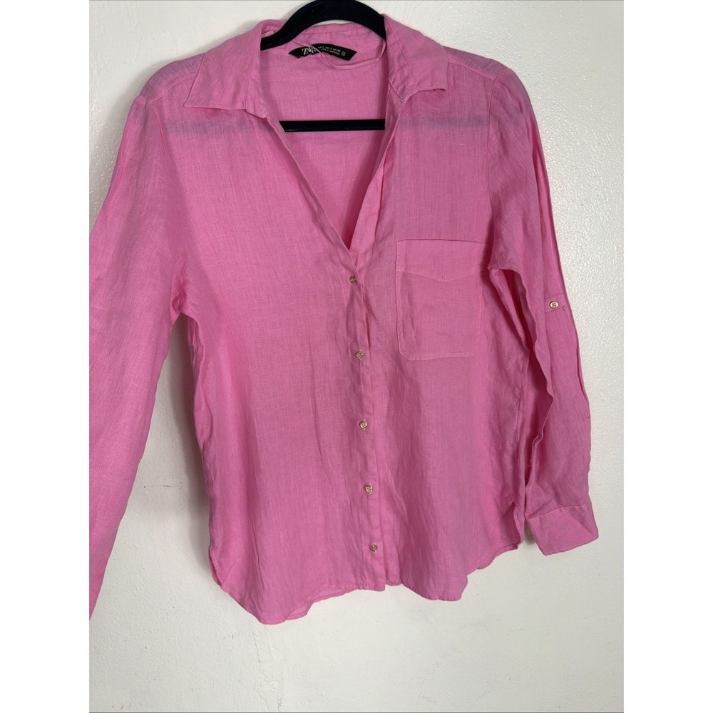 ZARA 100% Linen Roll Tab Button Up Shirt Medium Pink Coastal Barbiecore S - Picture 2 of 8